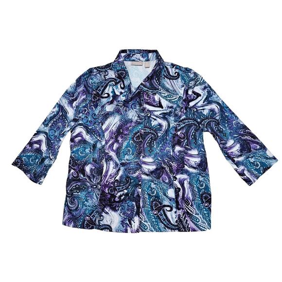 Chicos Jacket Size 3 Snap Front Purple Teal 3/4 Sleeve Spring Colorful XLarge 16 - Picture 1 of 8